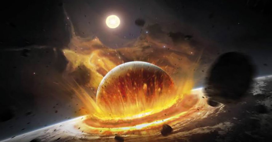 Apocalyptic space scene with two colliding planets.